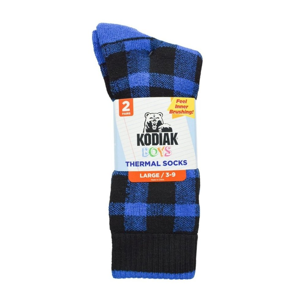 NWT Kodiak Boys Thermal Slipper Blue Black‎ Plaid Socks, 2 Pack SZ Large 3-9